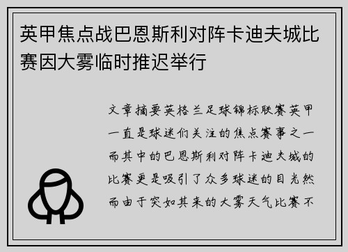 英甲焦点战巴恩斯利对阵卡迪夫城比赛因大雾临时推迟举行