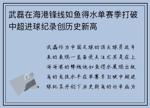 武磊在海港锋线如鱼得水单赛季打破中超进球纪录创历史新高